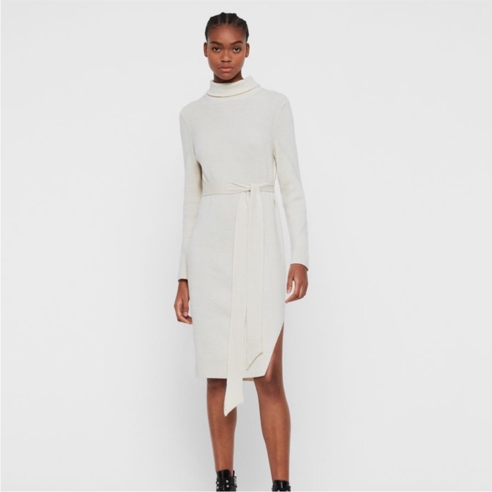 All Saints Roza Cashmere Wool Turtleneck Sweater Ribbed Midi Dress Cream White - Picture 2 of 11